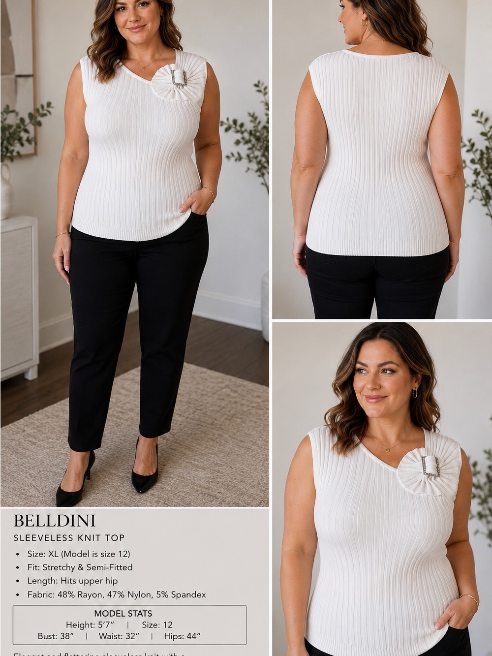 Belldini White Ribbed Knit Sleeveless Top XL Stretch Rosette Accent